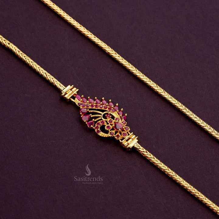 Micro gold plated mugappu chain with rich ruby stones and detailed floral craftsmanship, perfect for traditional wear - Sasitrends