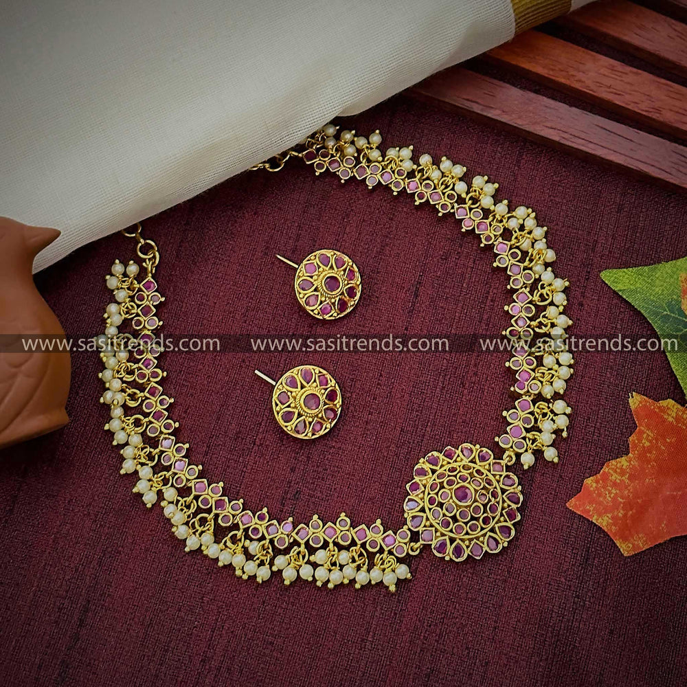 Floral Pendant Temple Gold Plated Choker Necklace Set - American Diamond & Pearls