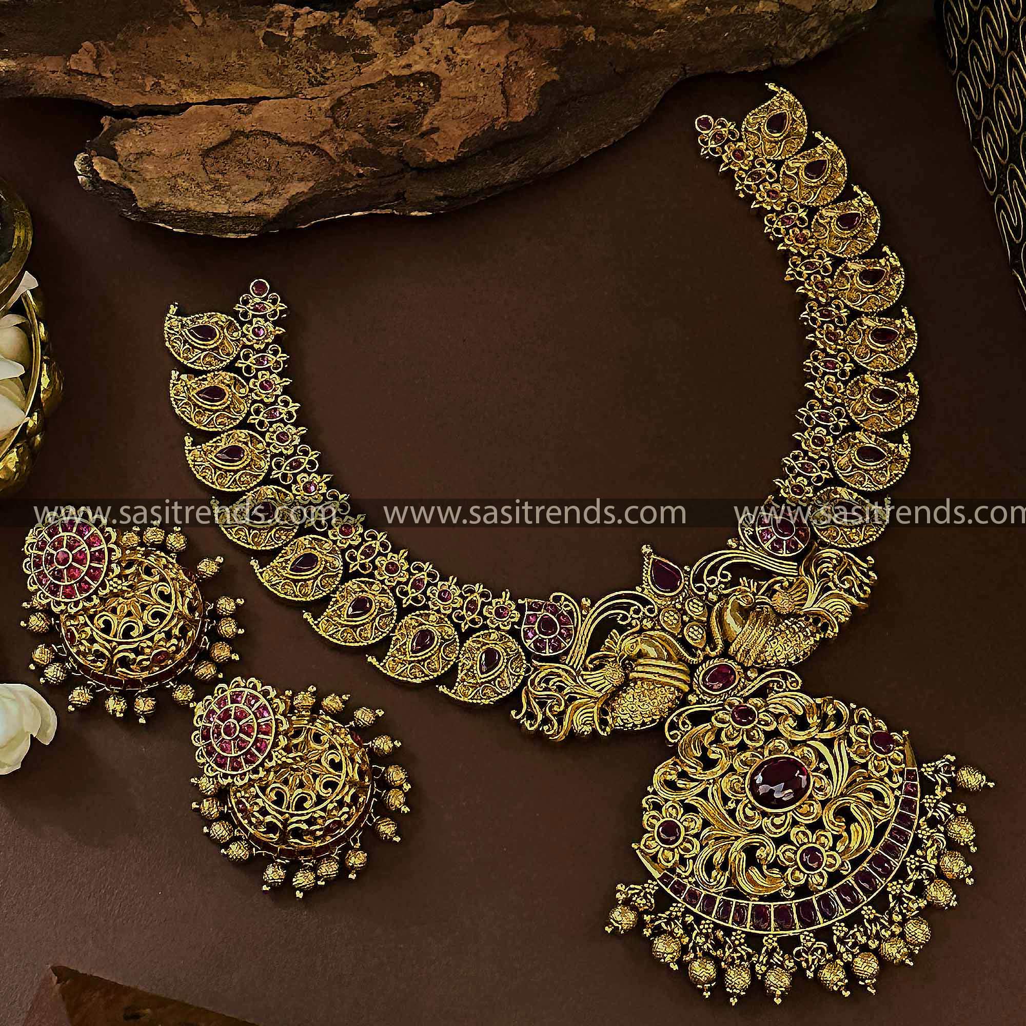 Traditional Bridal Wear Temple Gold Plated Peacock Mango Leaf Ruby Stones Necklace Set with Jhumkas