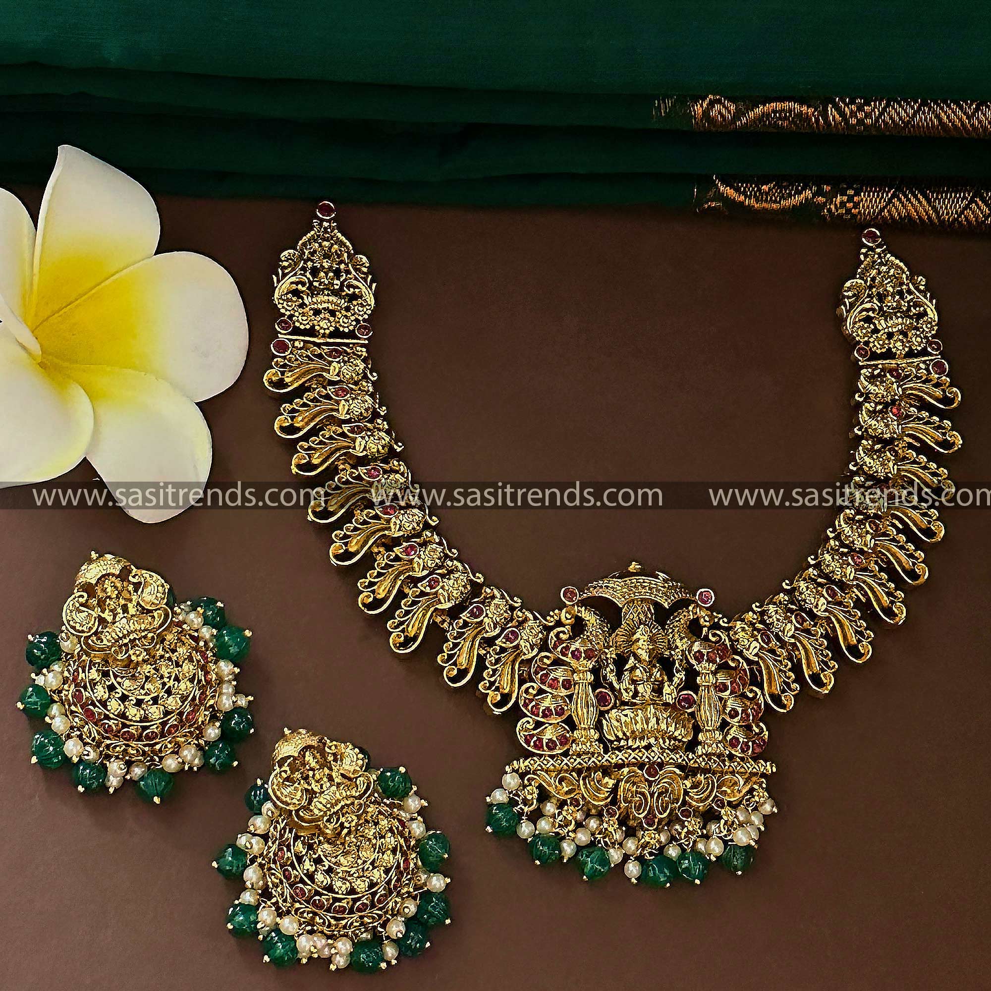 Temple Gold Finish Lakshmi Peacock Bridal Necklace with Earrings