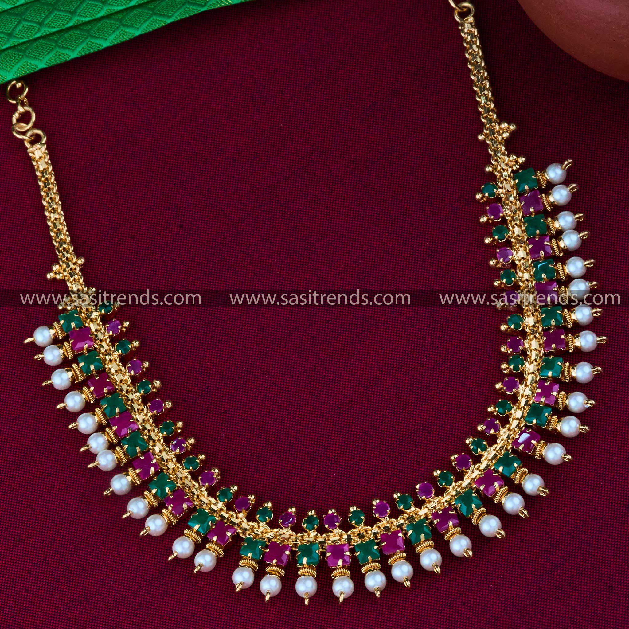 Classic Necklace with Gold Plating and American Diamond Stones with 1 Year Gurantee in Ruby Green