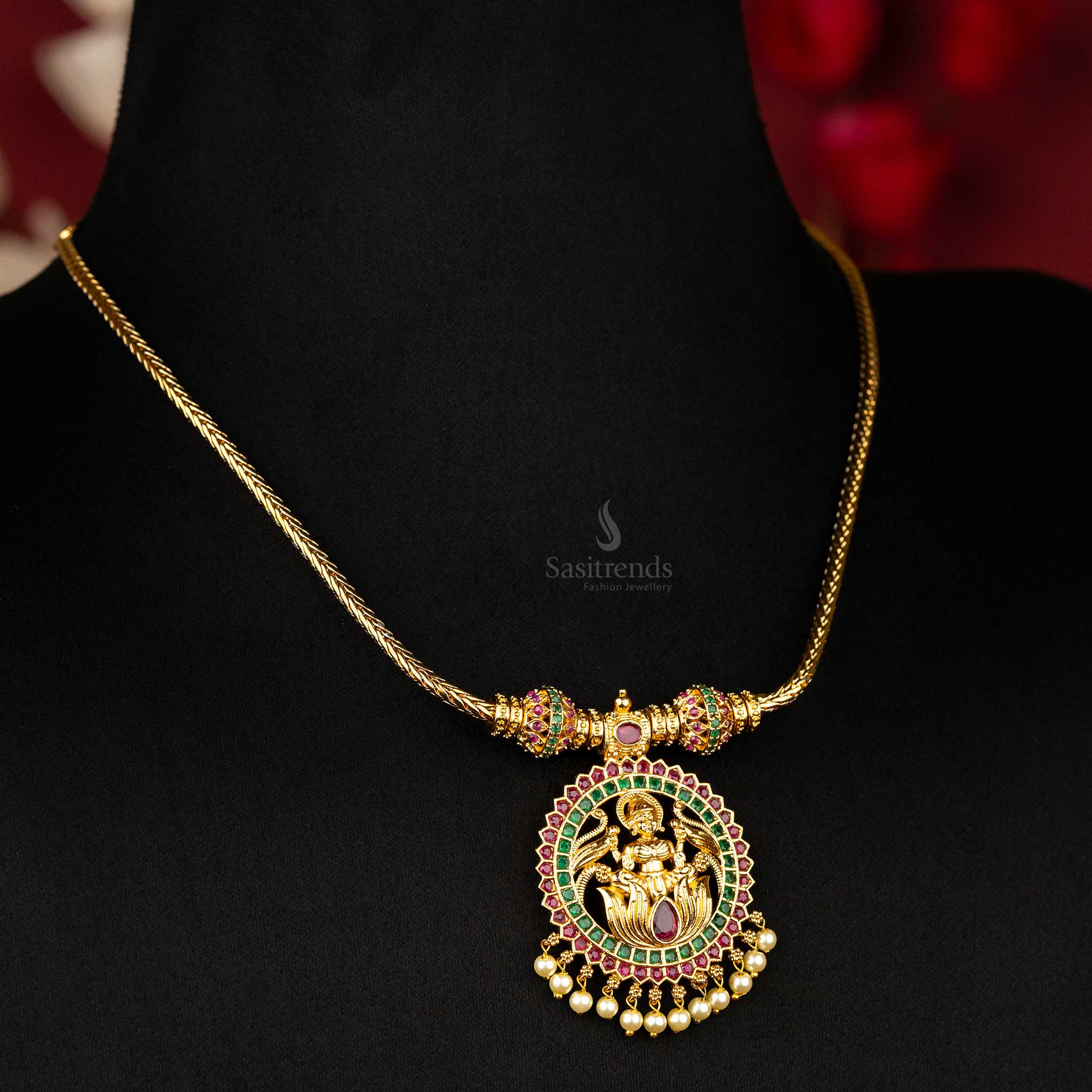 Ruby green ad stone premium matte gold plated lakshmi designer necklace sasitrends