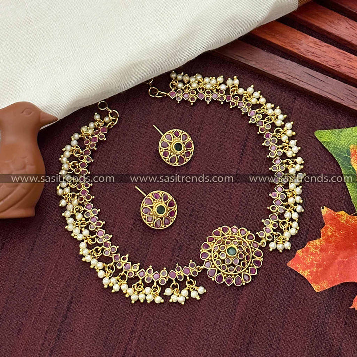 Multi-Colored Choker Necklace with Ruby-Green Stones - Temple Gold Plated Jewelry for Women