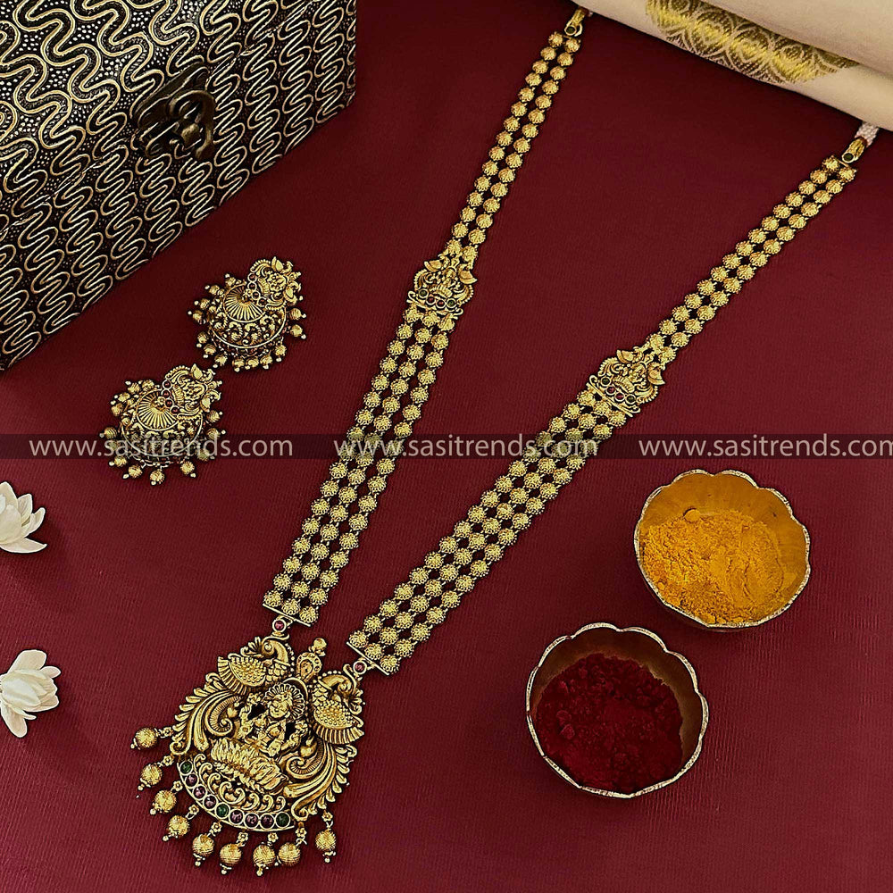 Divine Lakshmi Peacock Long Necklace Set with Ruby Green Color Stones - With Mugappu motif