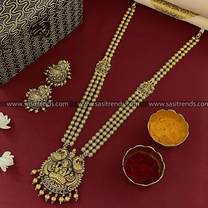 Divine Lakshmi Peacock Long Necklace Set with Ruby Green Color Stones - With Mugappu motif