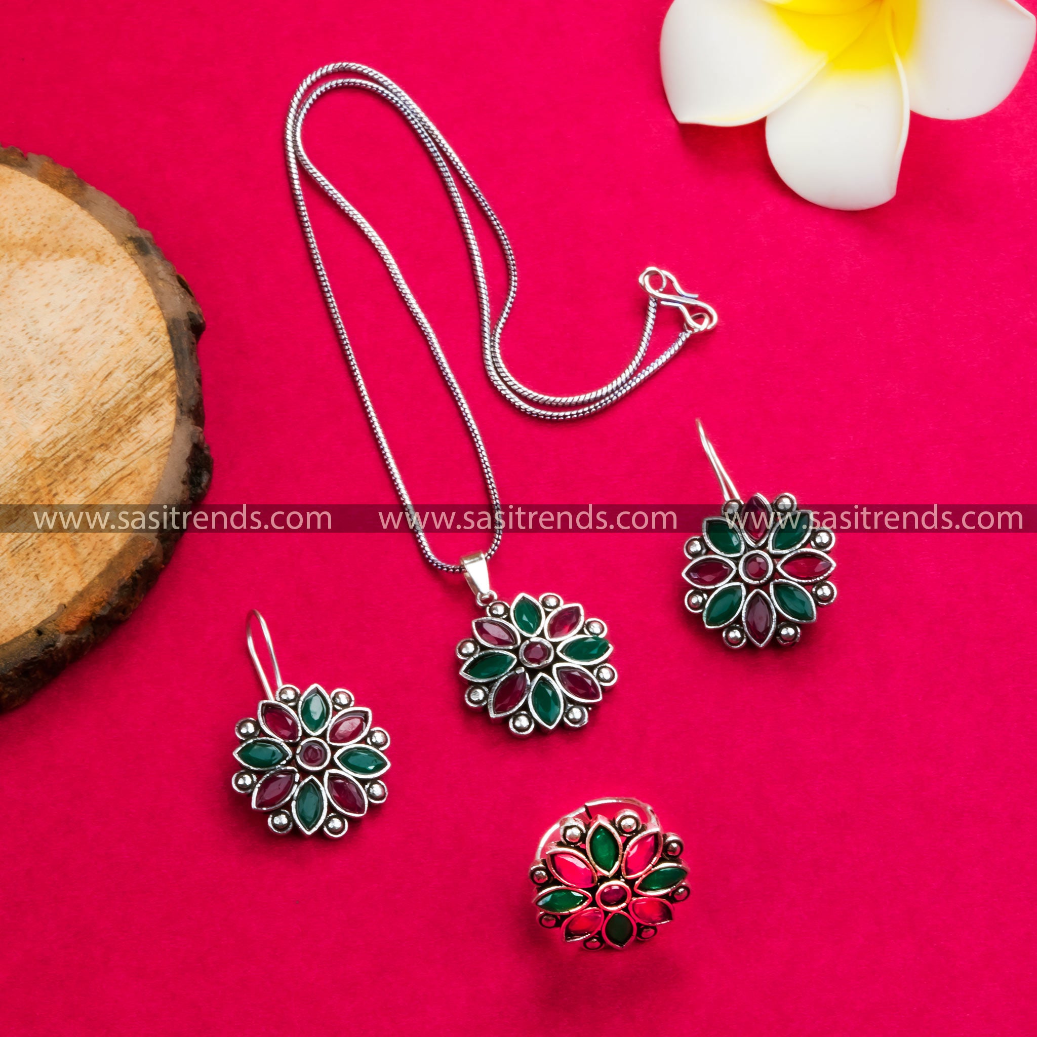 Dazzling Ruby-Green Flower Pendant Necklace Set - Oxidised German Silver, Ideal for Parties and Festive Celebrations