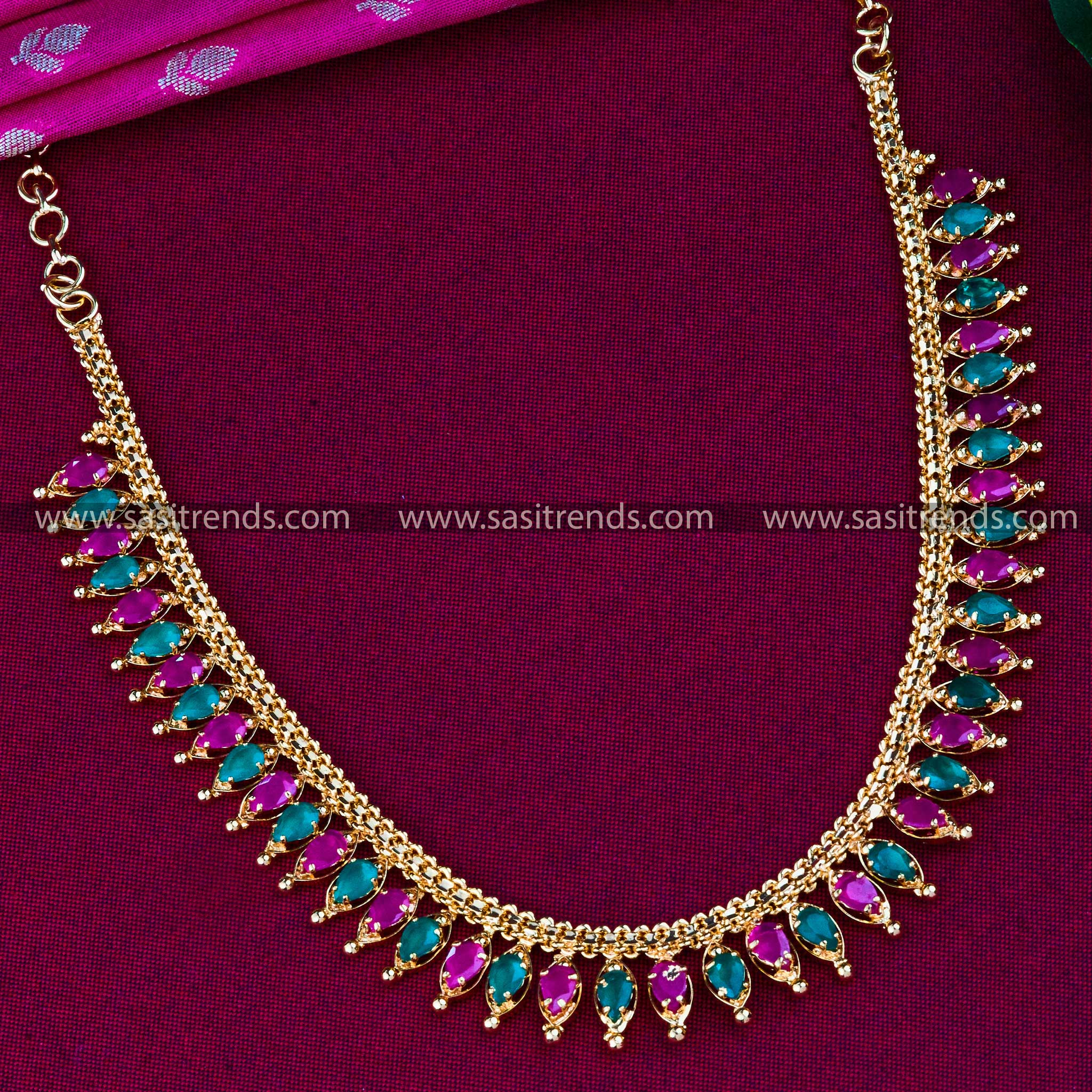 Micro Gold Plated Ruby-Green Necklace: Sparkling AD Stones Accents