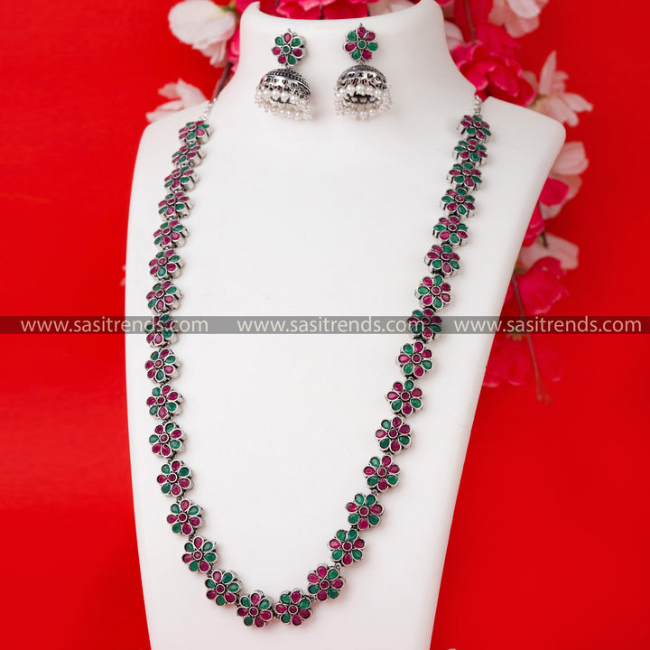 Radiant Ruby-Green Stones Necklace Set - Trendy Party Wear Oxidised German Silver Jewelry with Floral Motifs and Gemstone Accents