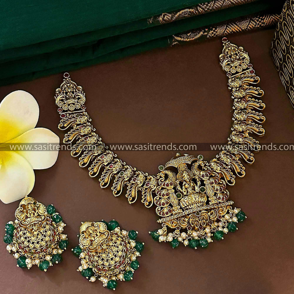 Traditional Lakshmi Peacock Necklace Set with Jhumkas - Matte Gold Tone Jewelry for Women