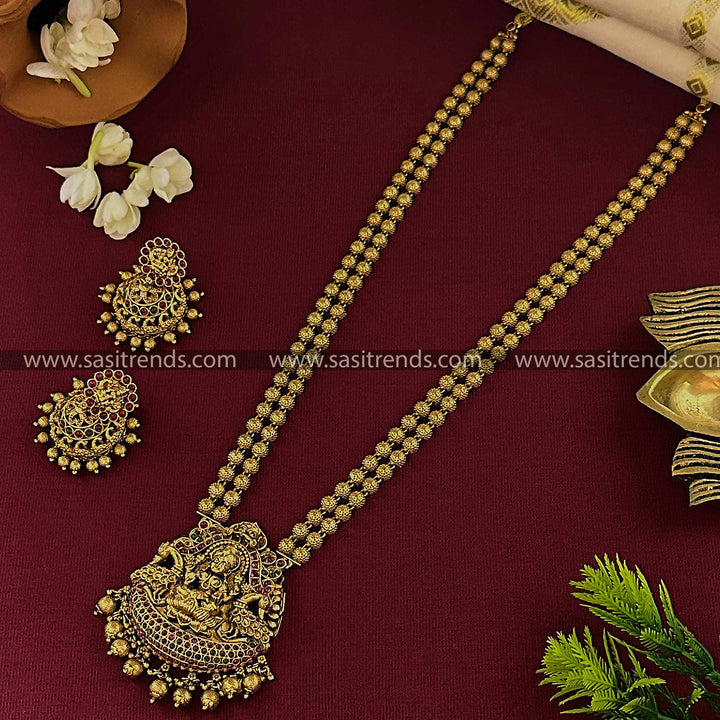 Bridal Temple Matte Gold Plated Long Jewellery Set - Latest Double Layered With Lakshmi Motif Jhumkas | Sasitrends