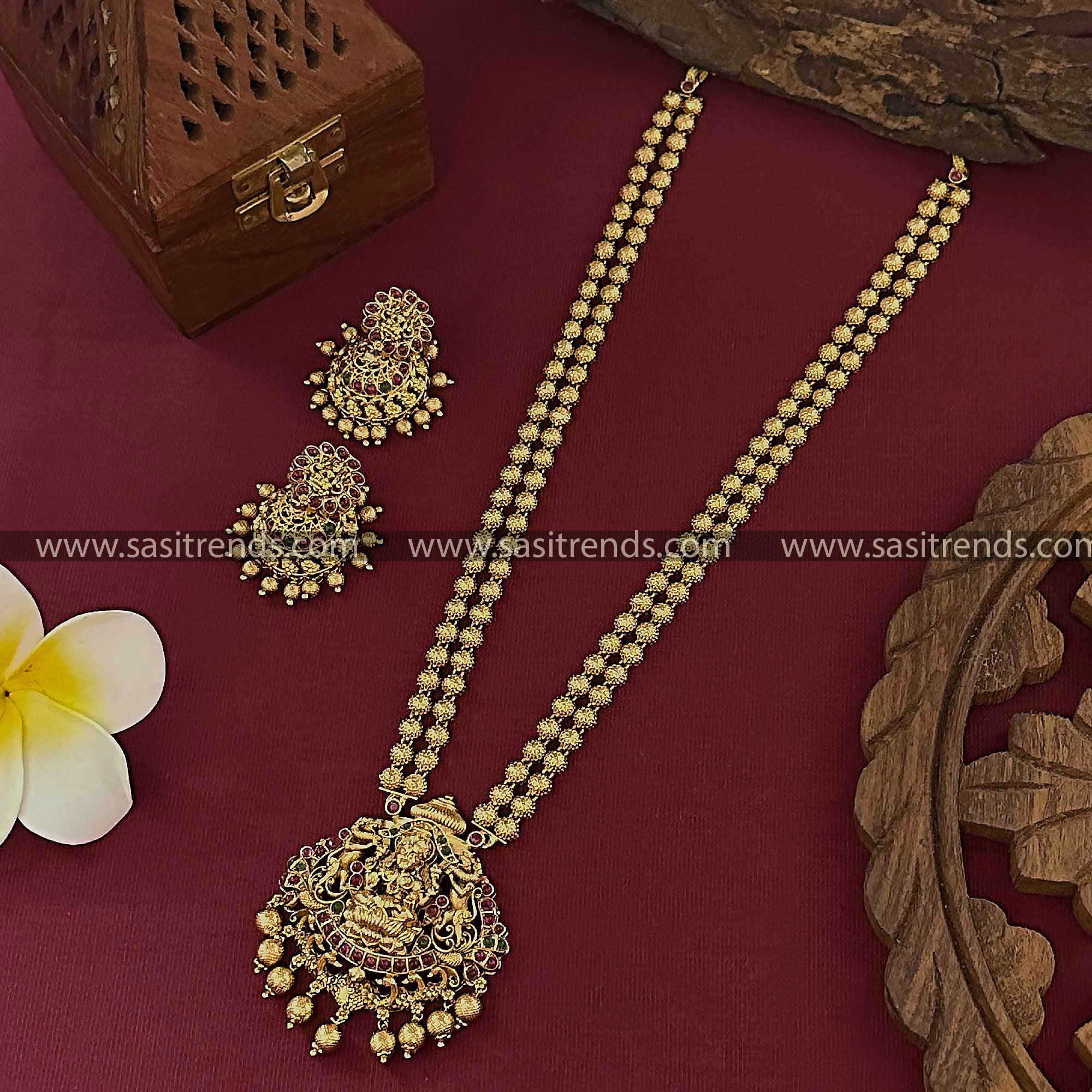 Bridal Long Necklace Set with Jhumkas - Divine Lakshmi Pendant, Ruby Green Color Stone, and Peacock Motifs