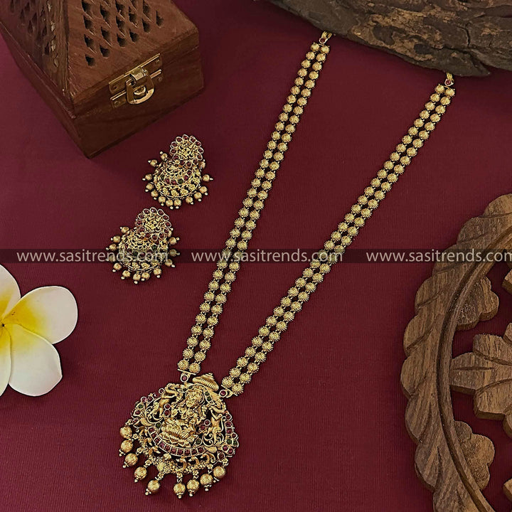 Temple Matte Gold Finish Latest Bridal Long Jewellery Set with Jhumkas - New Jewellery Collection | Sasitrends