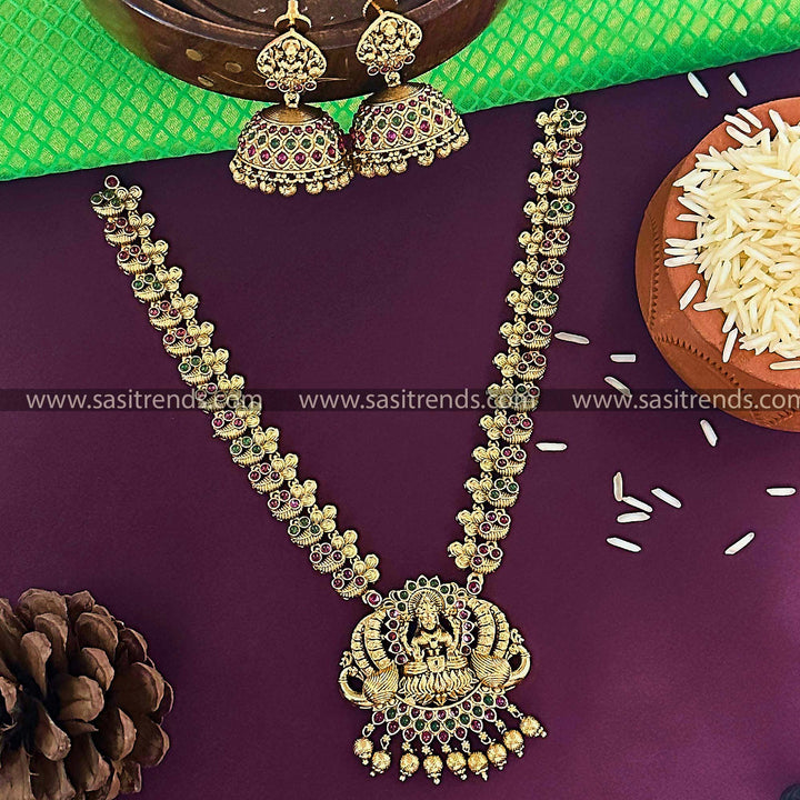 Traditional Bridal Wear Temple Gold Lakshmi Peacock Ruby-Green Necklace Set for Women with Jhumkas