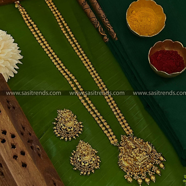 New Temple Matte Gold Plated Long Jewellery with Two-Layered Bead Lakshmi Peacock Pendant Jewellery Set for Women | Sasitrends