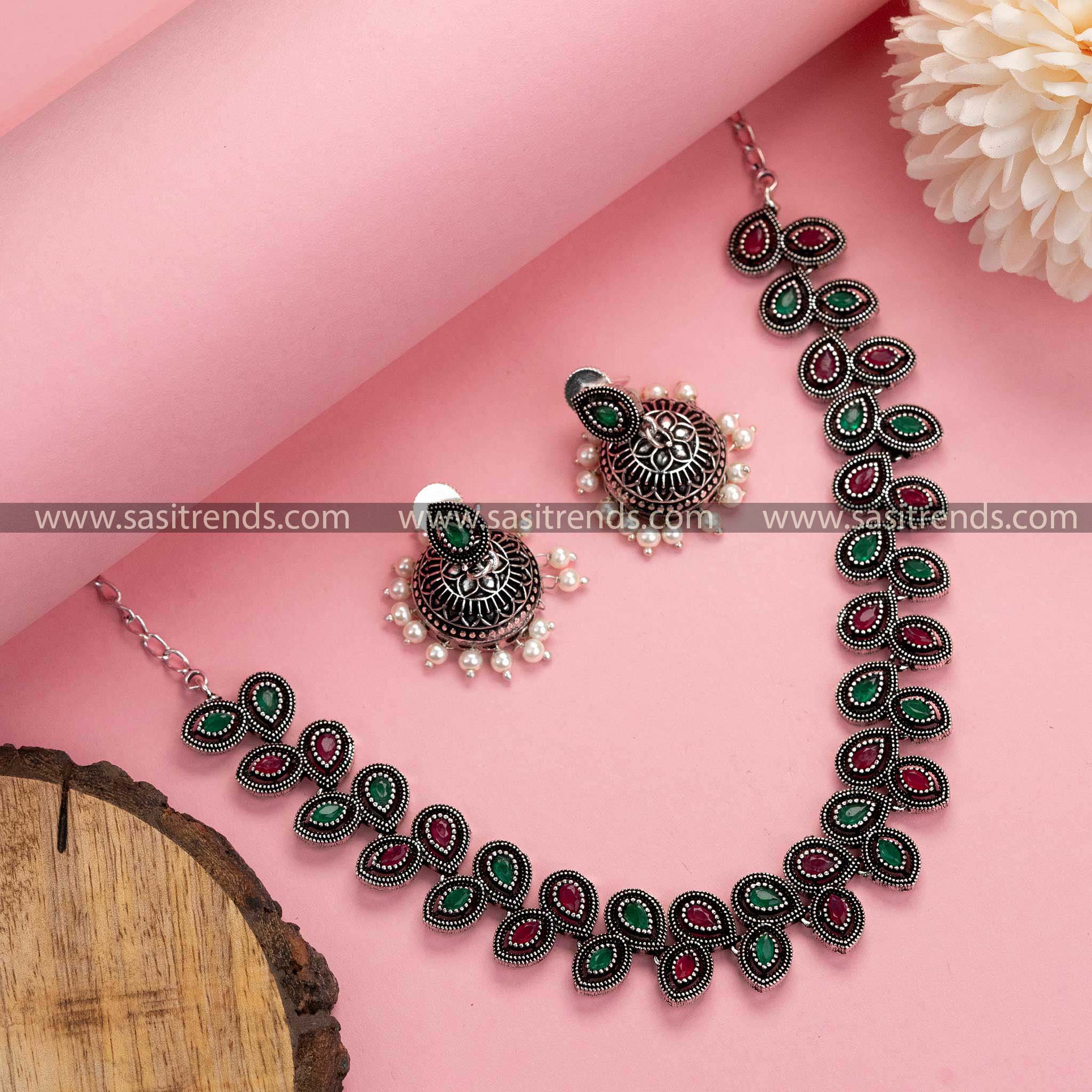 Nature's Hues: Stylish Oxidised Silver Necklace with Ruby-Green Stones and Pearl Jhumkas - Fashion Forward