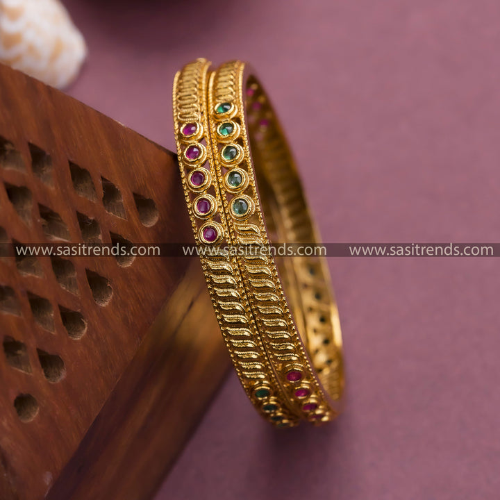 Temple Gold Plated Bangles with Leaf Pattern and AD Stones by Sasitrends