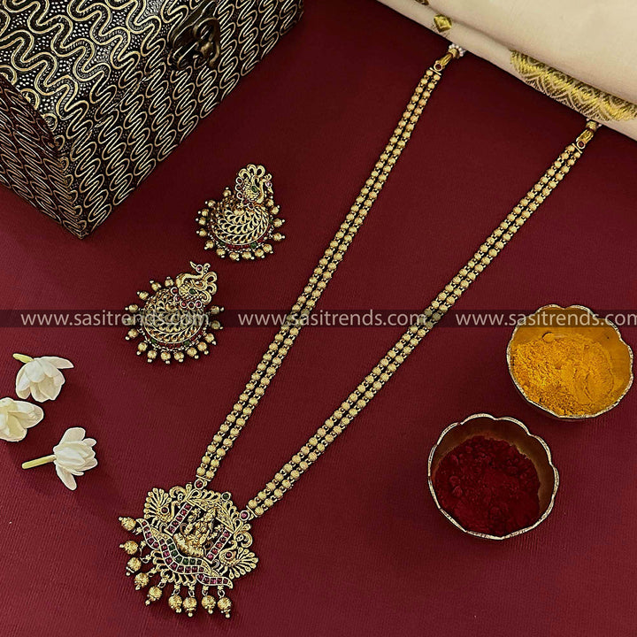 Elegant Lakshmi Temple Pendant Bridal Long Necklace Set with Ruby Green-Colored Stones-Matte Gold Tone