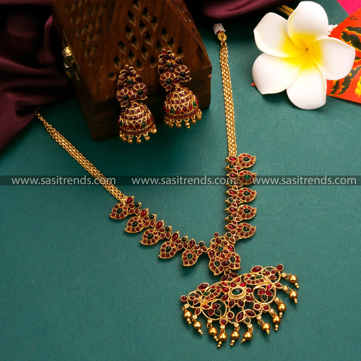 Temple Matte Gold Plated Ruby Green Stone Stud Floral Designer Jewellery Set