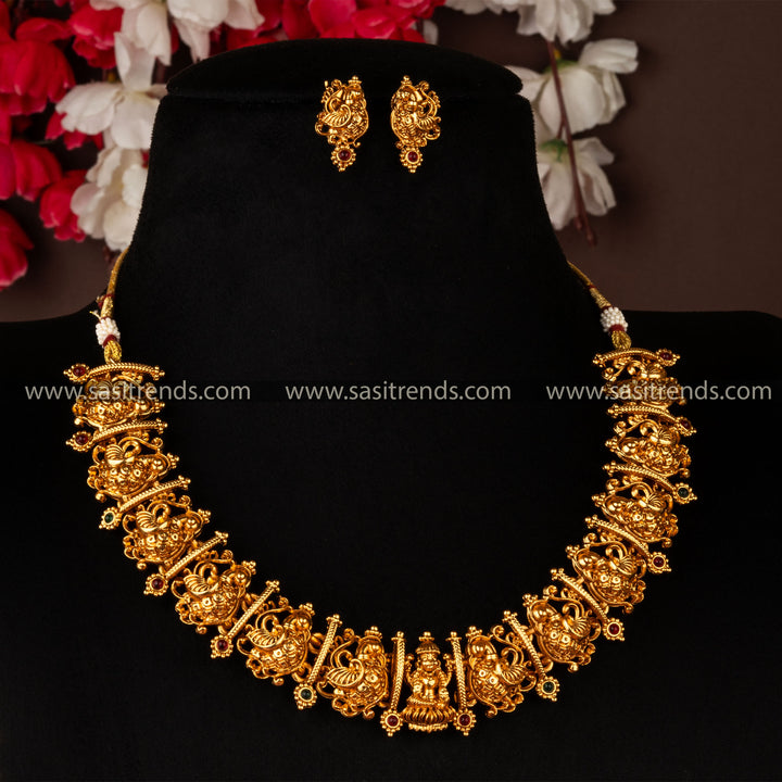 Temple Wear Classic Matt Gold Plated Lakshmi Peacock Ruby Green Choker Necklace Set