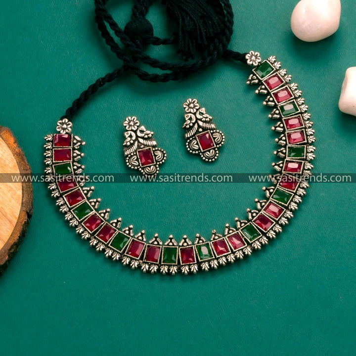 Oxidized German Silver Necklace with Rectangular Ruby-Green Stones and Floral Motifs Earrings - Stunning Party Wear Jewelry Set