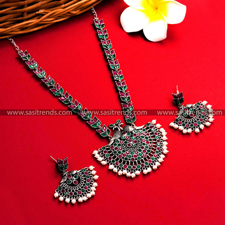  Oxidized German Silver Necklace Set with Ruby-Green Stones and Peacock Pendant - Festive Collection