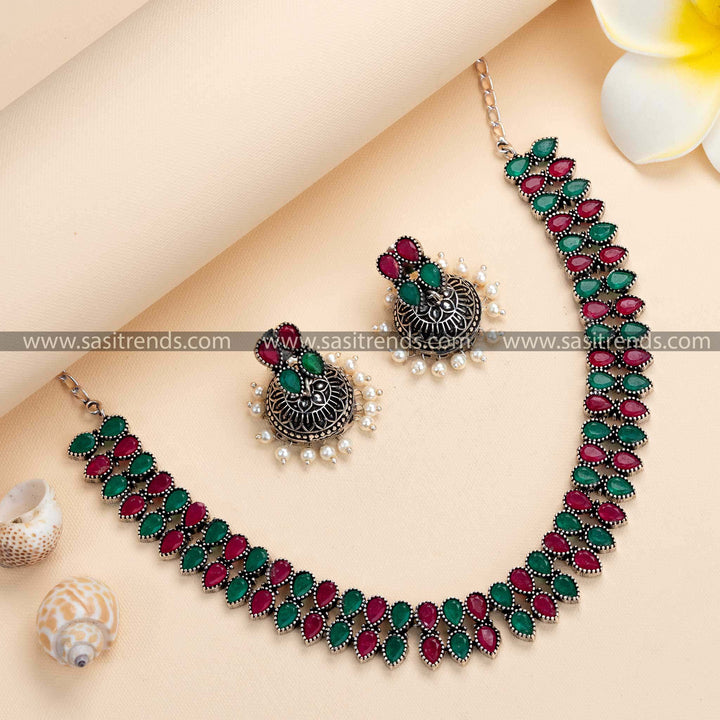 Oxidised German Silver Necklace and Pearl Jhumkas Embellished with Ruby-Green  Stones - Elegant Festive Ensemble