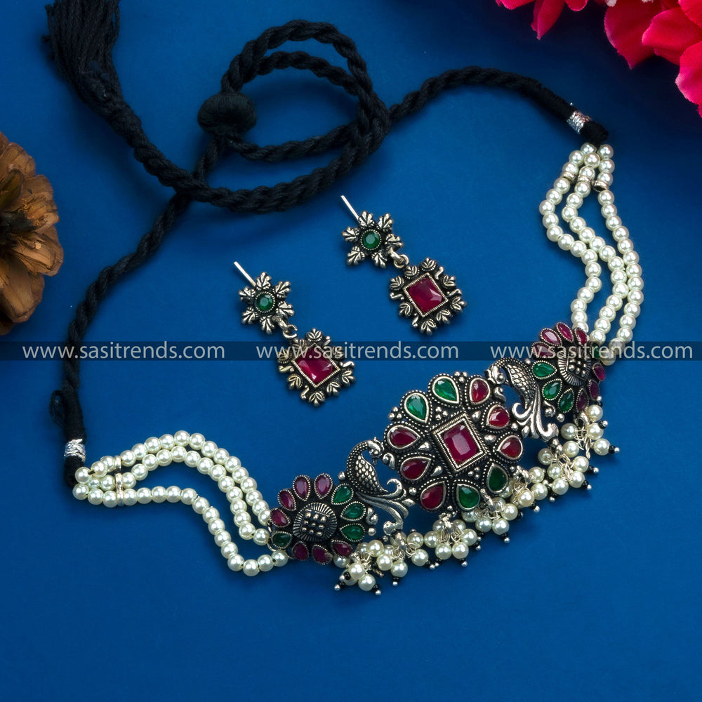 Peacock Choker Necklace with Ruby Green Color Stones: Premium German Silver Jewelry Set