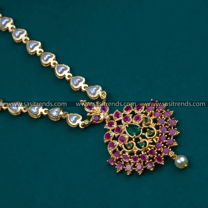 Elegant Micro Gold Plated Ruby AD Stone Floral Pendant Pearl Chain Necklace