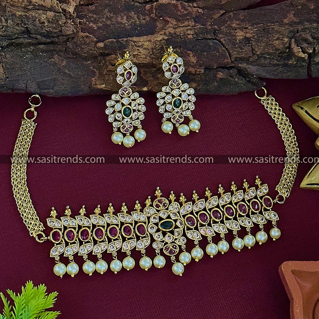 Temple gold tone oval motif pearl choker necklace and earrings set with American diamond stones for women.