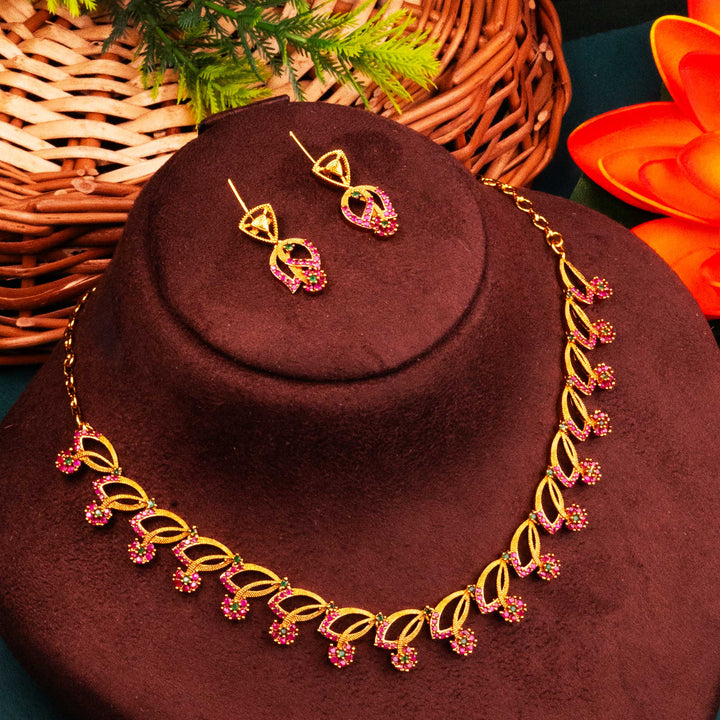 Regal Ruby-Green Temple Matte Gold Plated Leaf Necklace with AD Stones