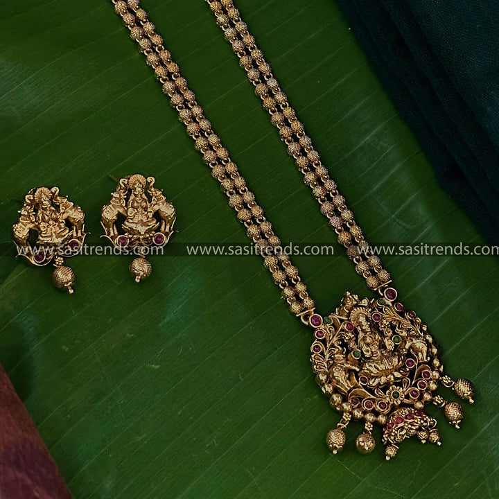 Divine Temple Gold Plated Necklace with Ruby-Green Stones - Goddess Lakshmi Pendant