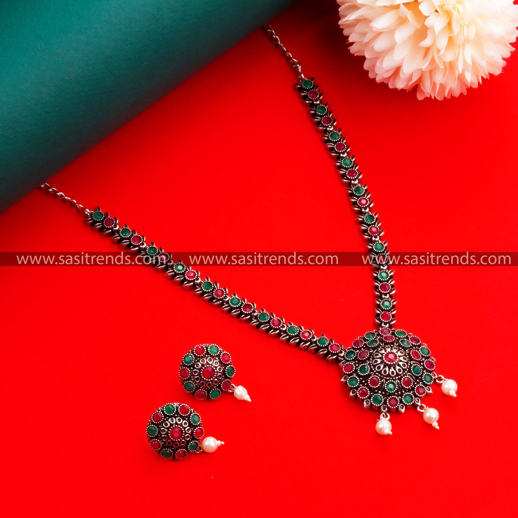 Navrathri Special Oxidised German Silver Floral Pendant Necklace with Earrings & Pearls for Women - Sasitrends