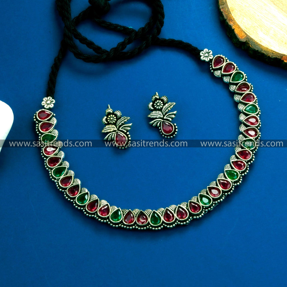 Ruby-Green-Silver Oxidised Necklace Set with Monalisa Stones and Earrings