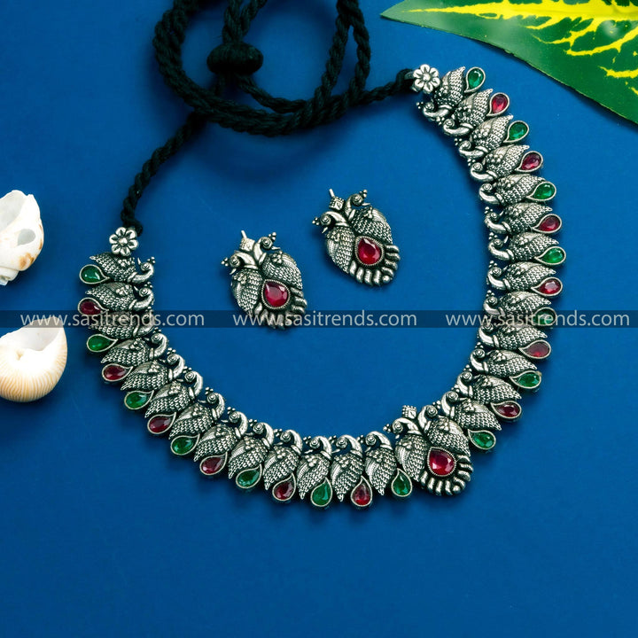 Stylish Kushi Oxidized German Silver Necklace with Ruby-Green Stones Online