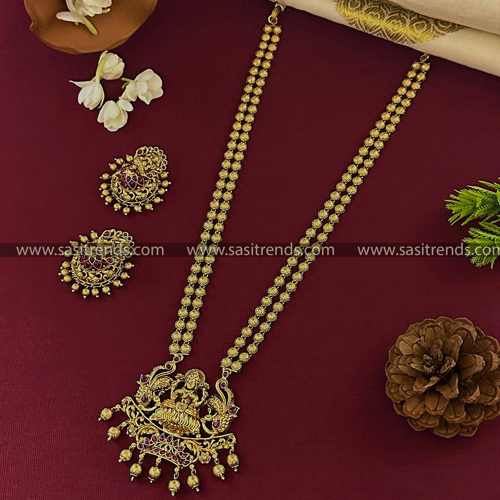 Bridal Lakshmi Pendant Long Necklace Set with Jhumkas - Exquisite Traditional Jewelry Set