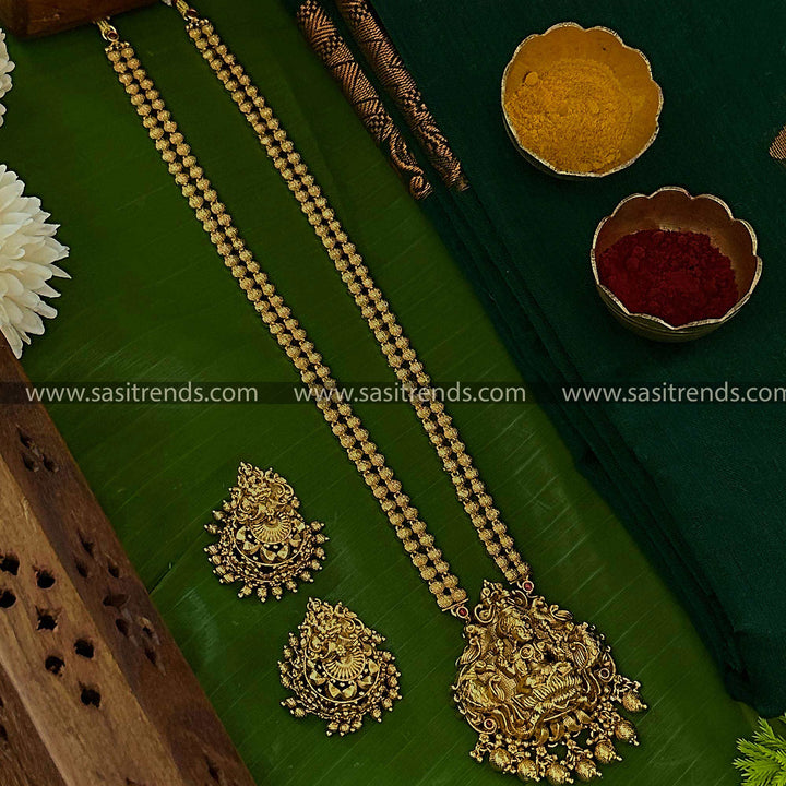 Traditional Lakshmi Peacock Pendant Necklace Set - Matte Gold Plated