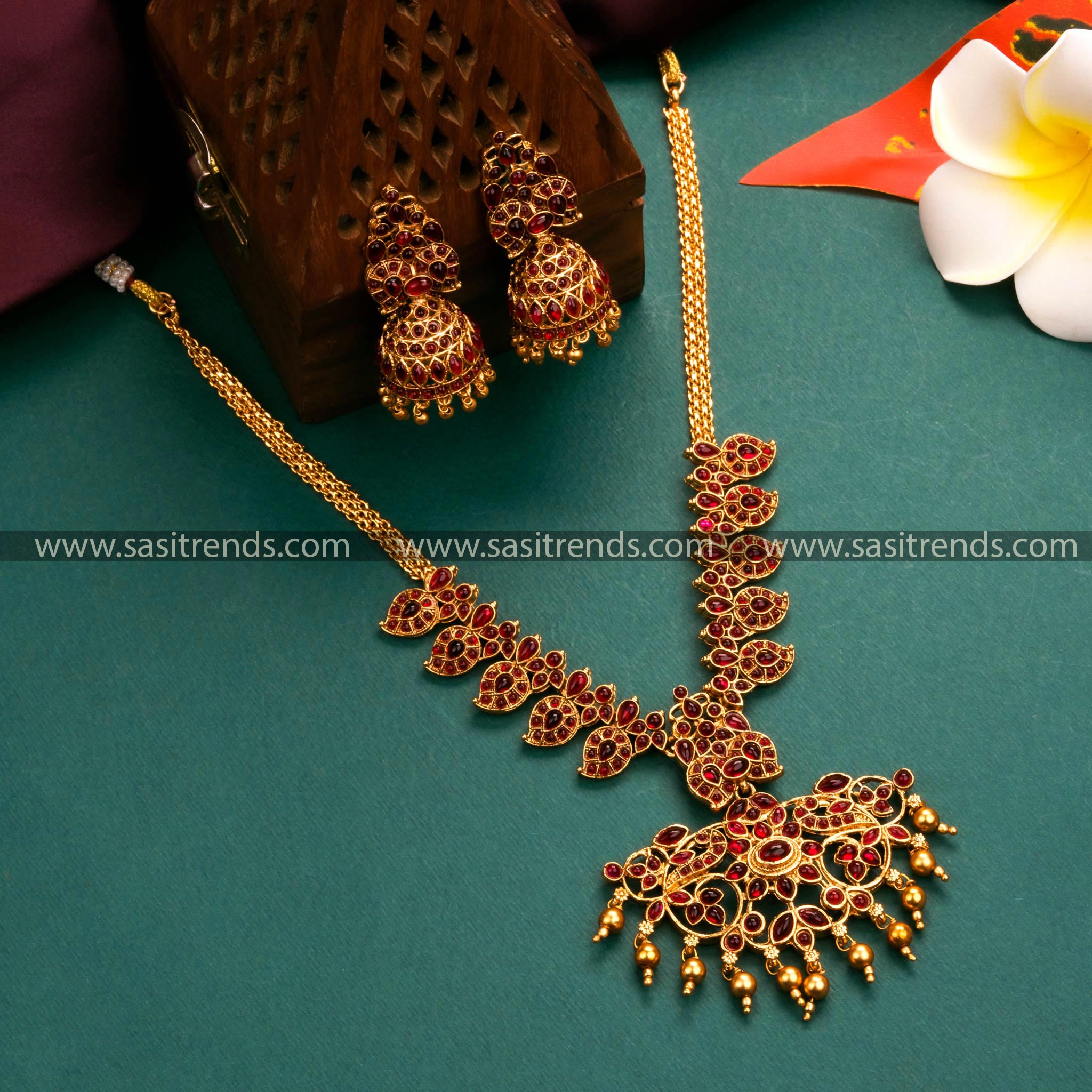 Temple Matte Gold Ruby Stone Jewellery Set Sasitrends Online Shopping