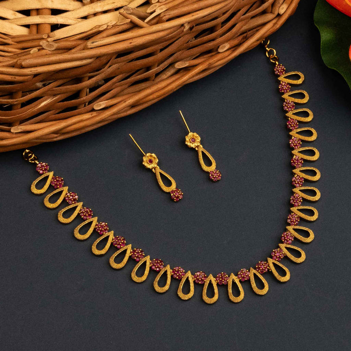 Exquisite Temple Matte Gold Plated Necklace with American Diamond Stones and Earrings - Sasitrends