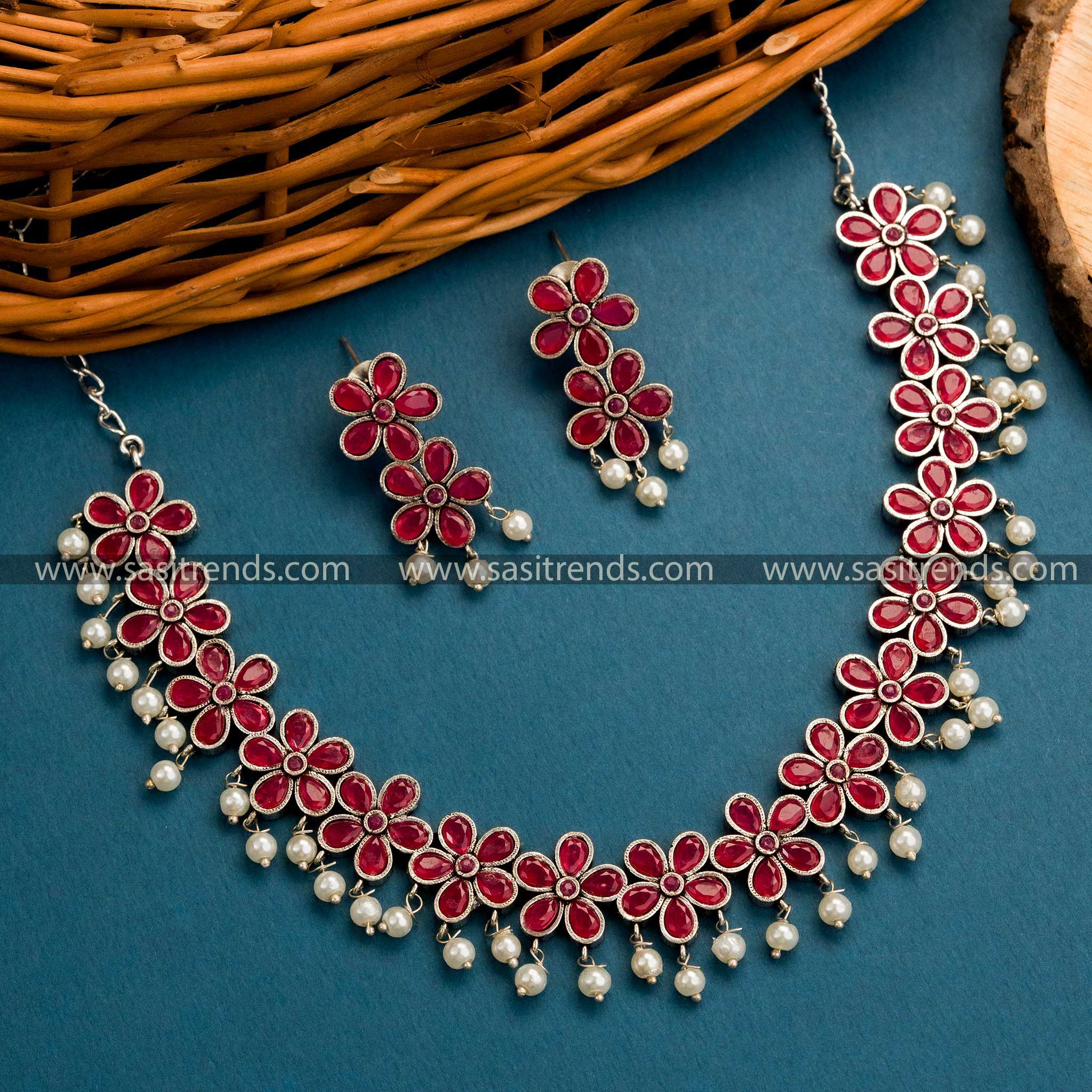 New Arrivals: Oxidized German Silver Floral Necklace Set with Ruby Stones - Classic Beauty for Traditional Events