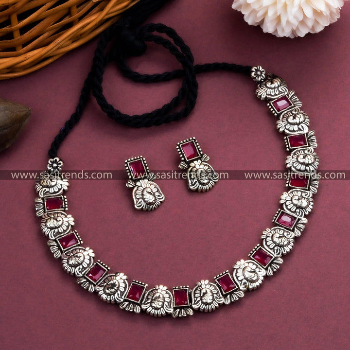 Captivating Peacock Kushi Oxidised Necklace Set with Full Ruby Color Stones - Perfect Party Wear Jewelry