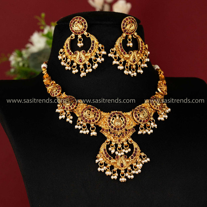 Sasitrends | Classic Matte Gold-Plated Peacock Classic Temple Jewellery Set with Chandbali Pendant - Sasitrends