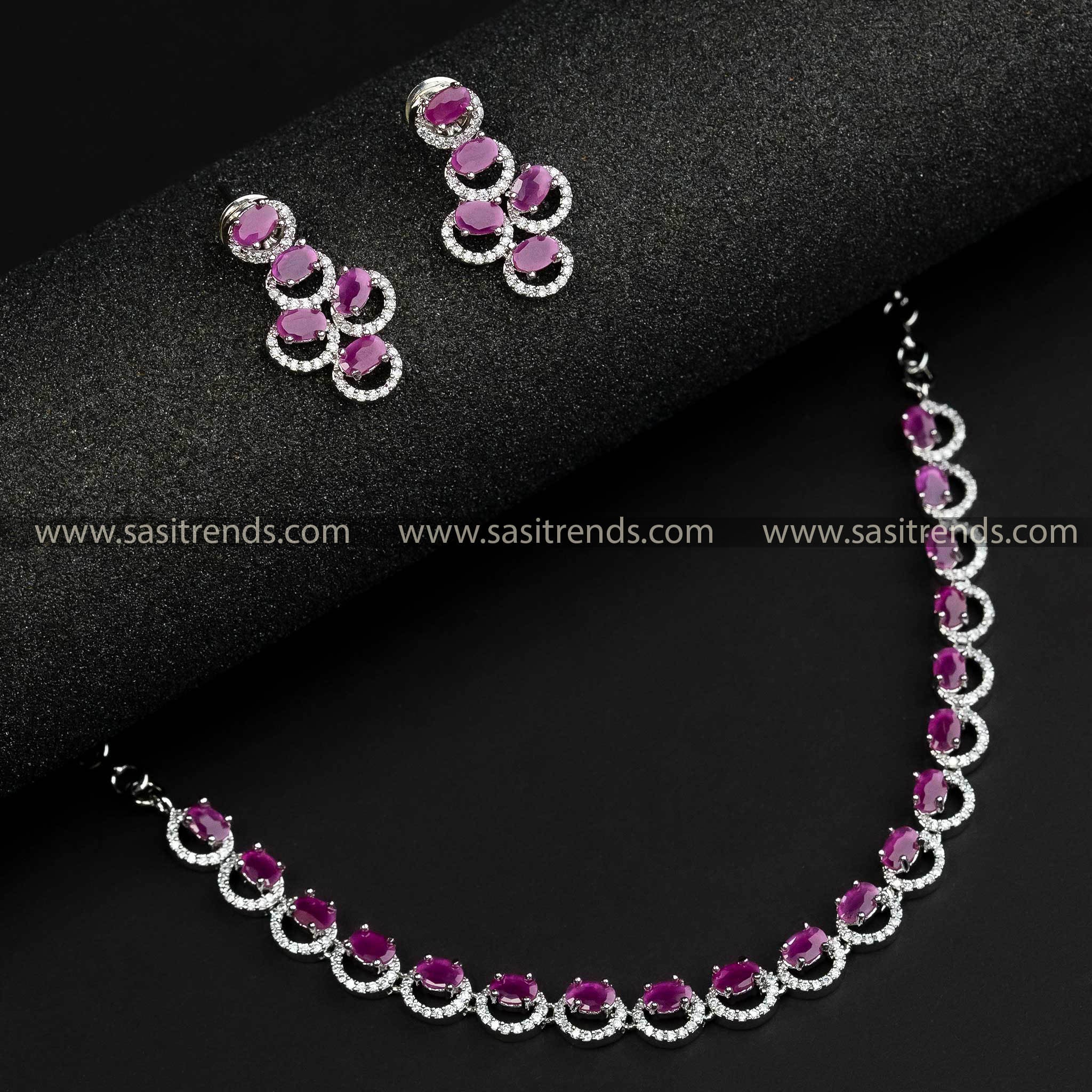 Elegant Rhodium Silver Plated Necklace with Rich Full Ruby Color Stones - New Collection