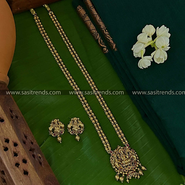 Dazzling Temple Gold Plated Necklace with Ruby Stones - Goddess Lakshmi Pendant