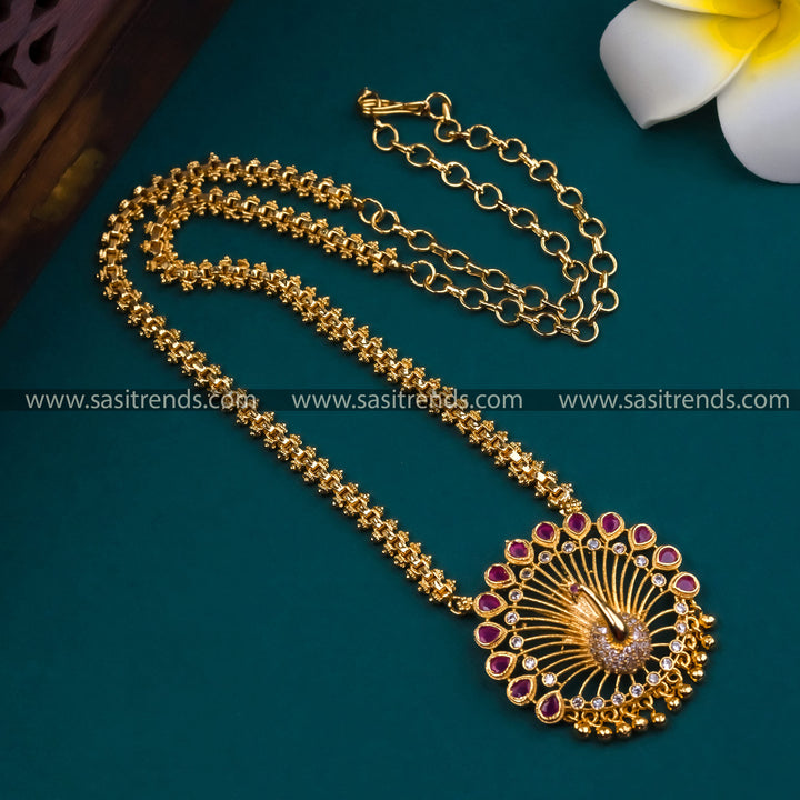 Long Gajiri Chain with Peacock Pendant Featuring Captivating White-Ruby AD Stones - A Touch of Nature's Beauty