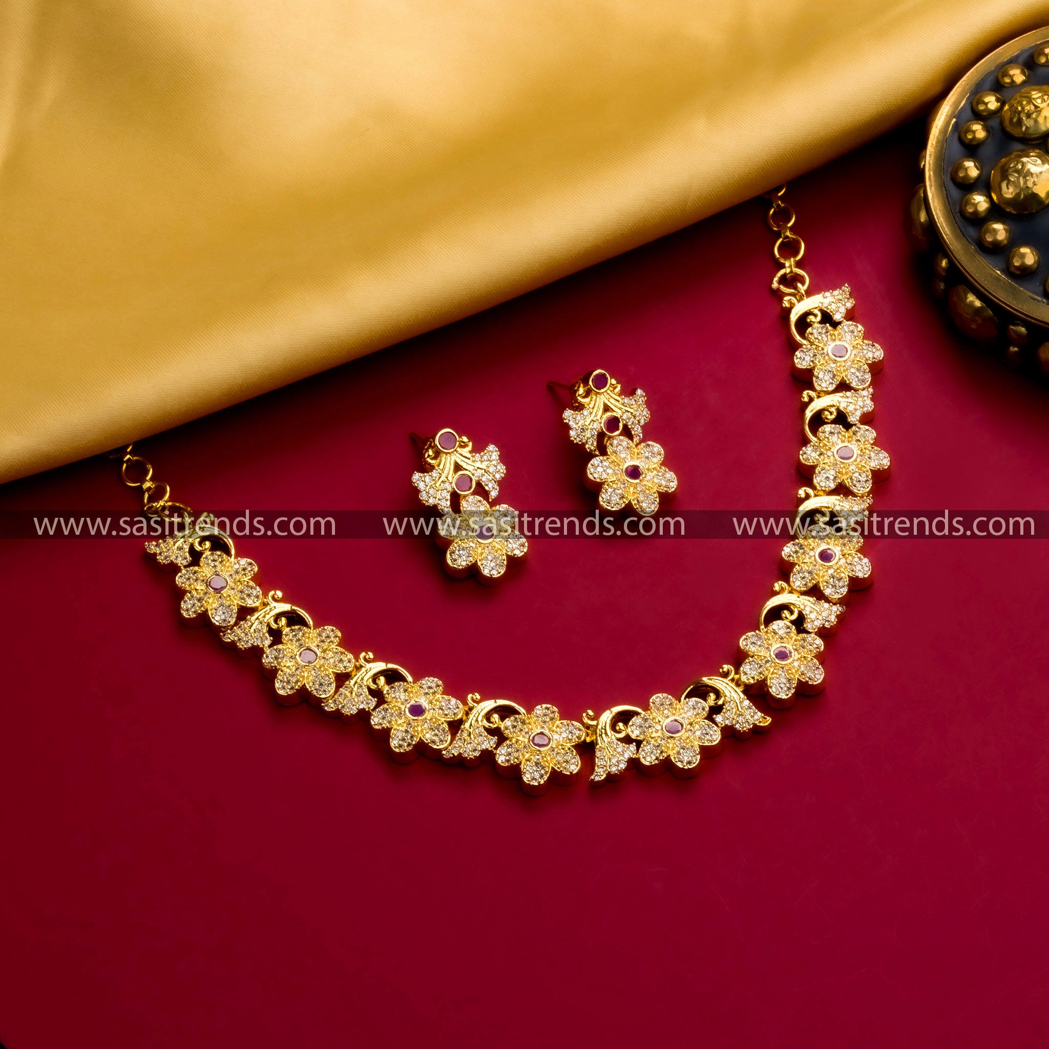 Elegant Micro Gold Plated Floral Leaf Necklace with White-Ruby AD Stones for Women. Traditional Beauty with Latest Design