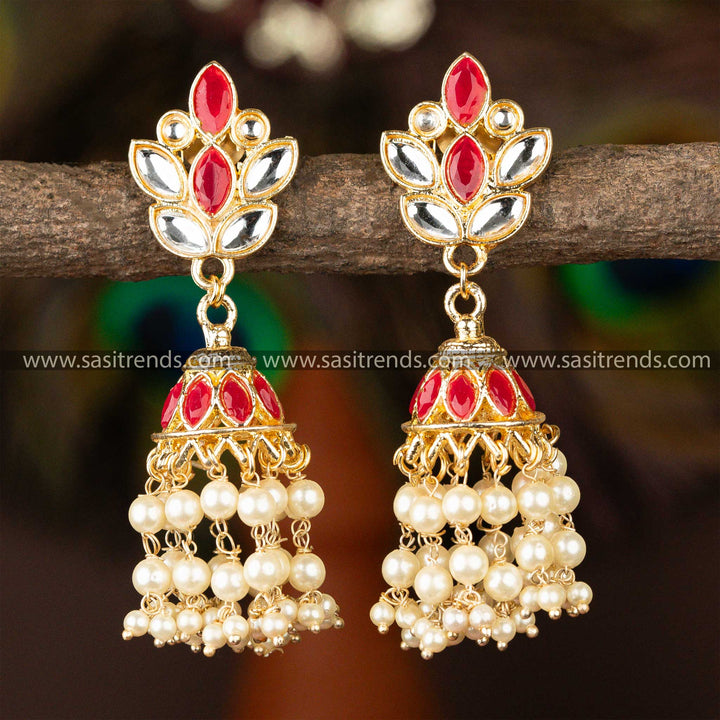 Ruby White Stone Stud Gold Plated Kundan Jhumka Pearl Earrings Sasitrends Online Shopping