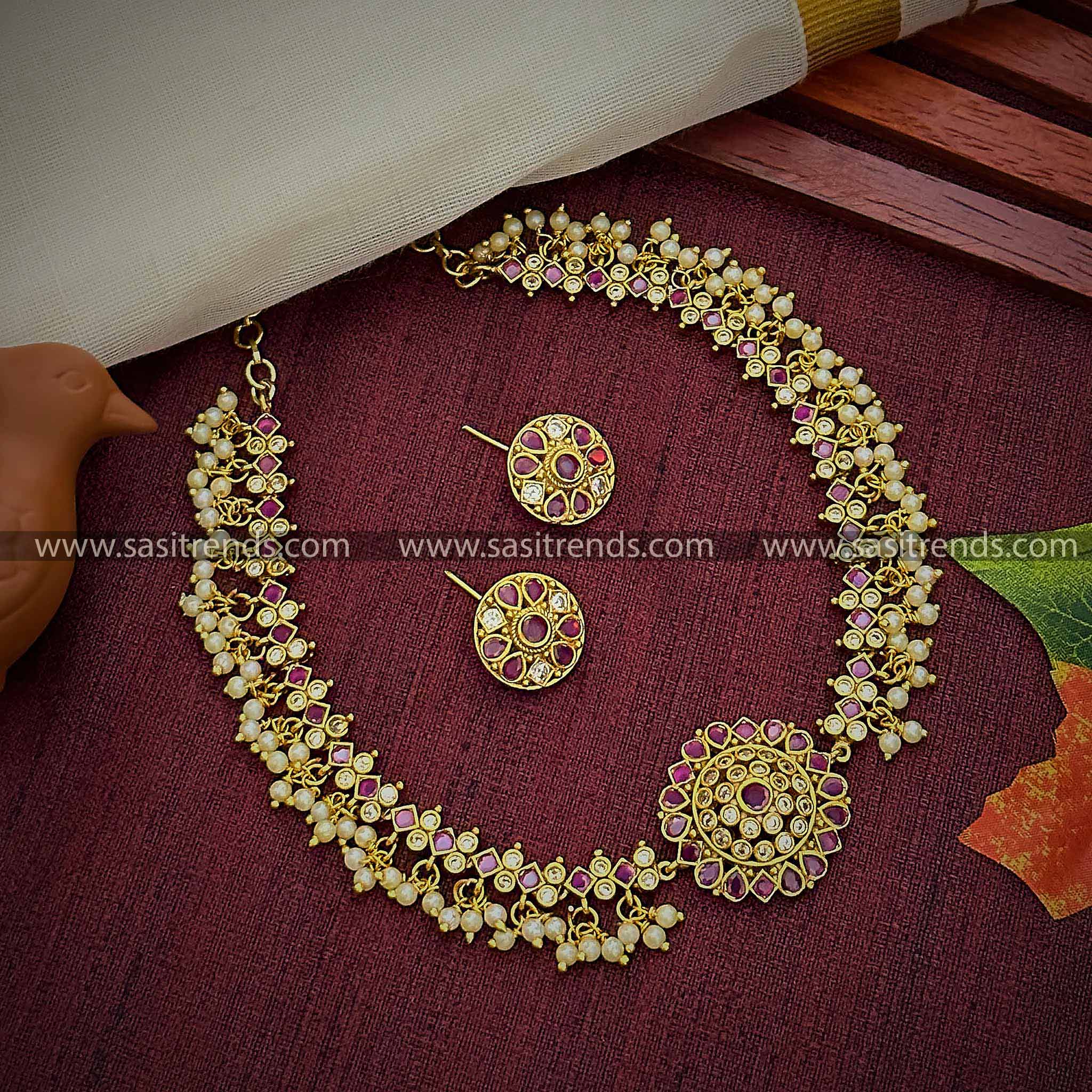 Gorgeous Floral Pendant Temple Gold Plated Choker Necklace Set with Ruby American Diamond Stones and Pearl Drops