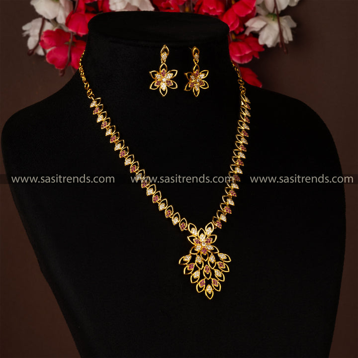 Ruby White Traditional Wear Leaf and Flower Designer Jewellery Set