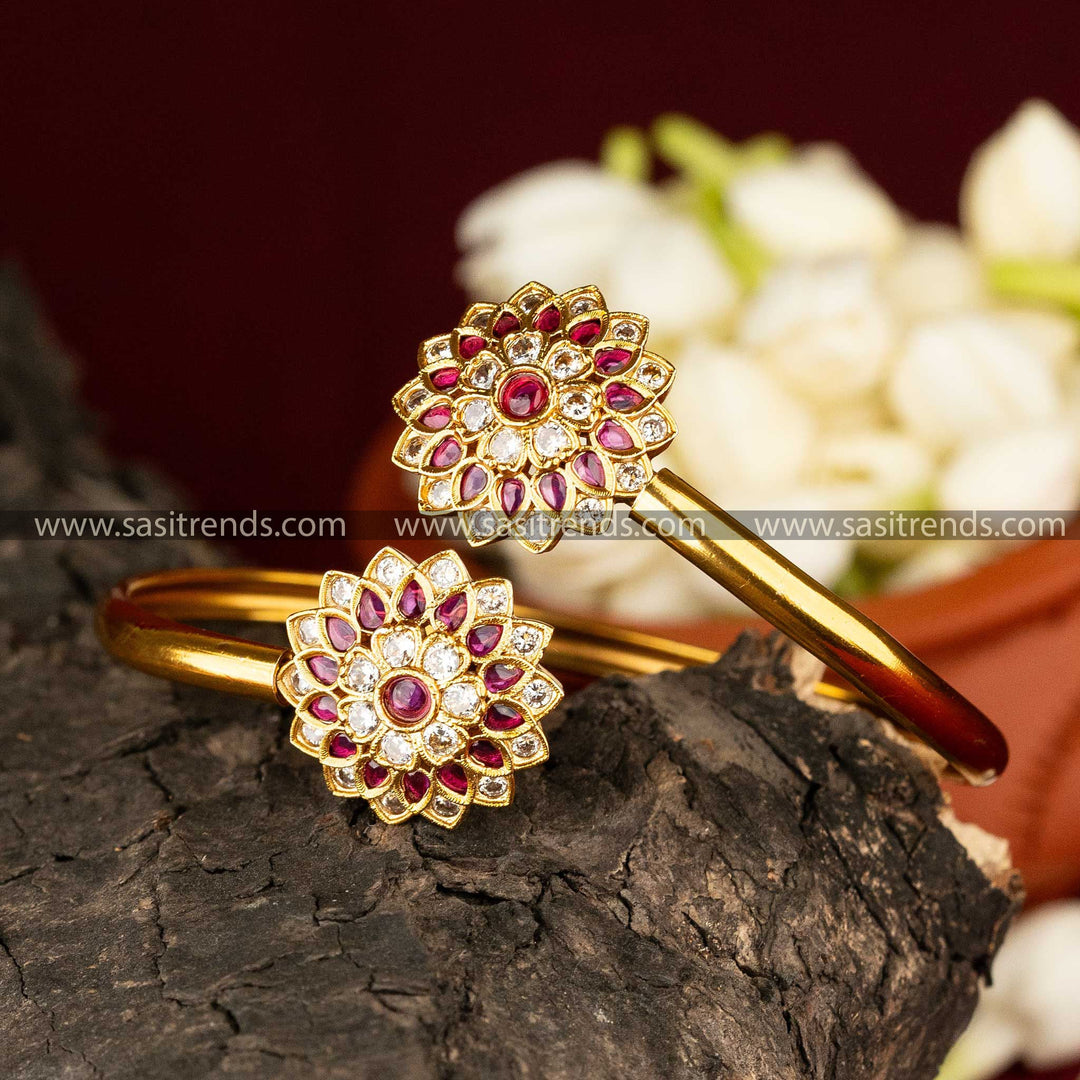 AD Stone Studded Temple Bracelet in White-Ruby