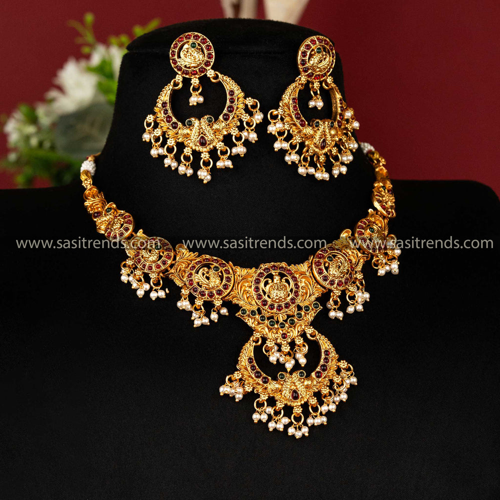 Sasitrends | Classic Matte Gold-Plated Peacock Classic Temple Jewellery Set with Chandbali Pendant - Sasitrends